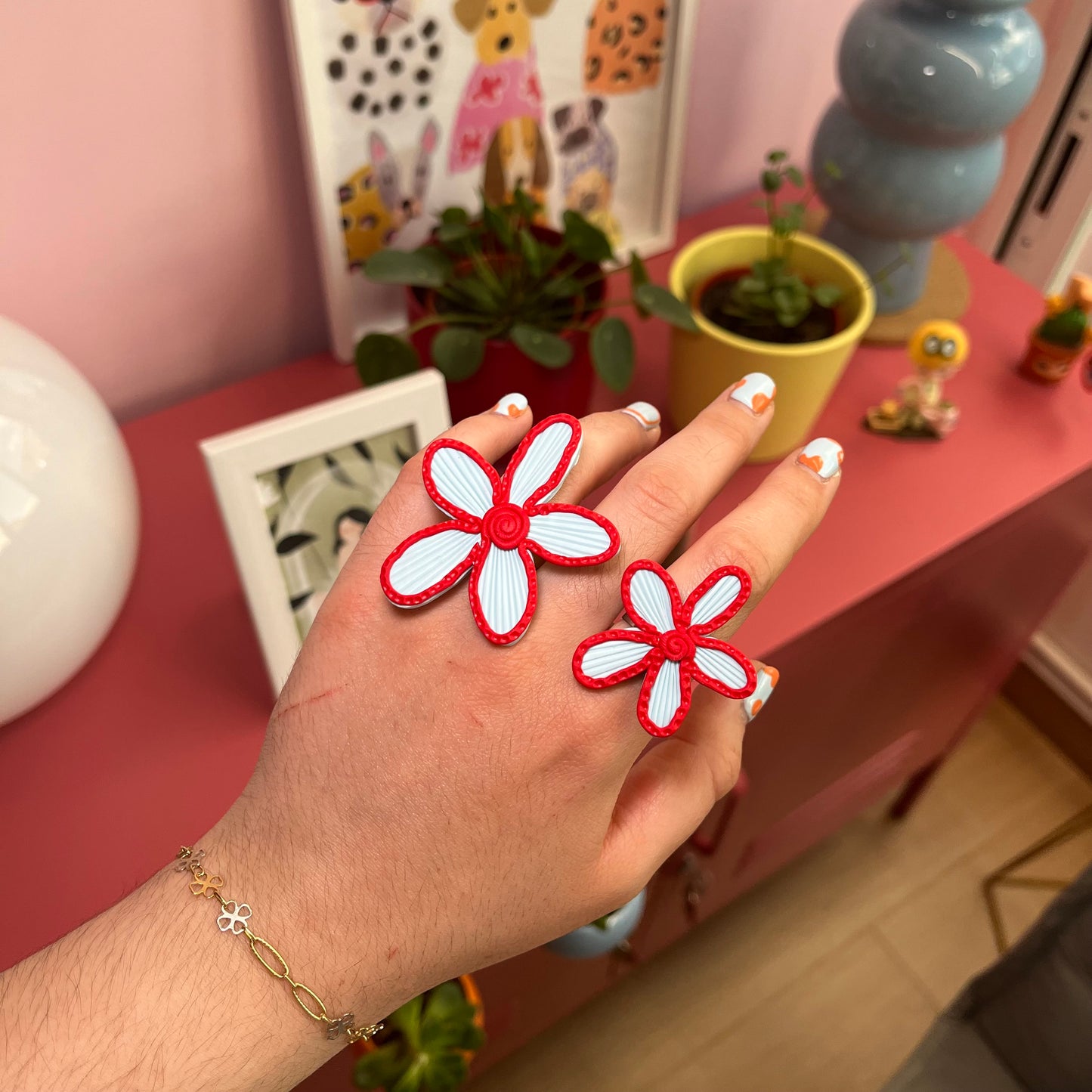 Anillo flor dúo azul+ rojo
