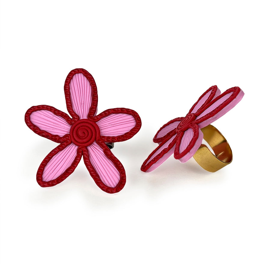 Anillo flor dúo rosa + rojo