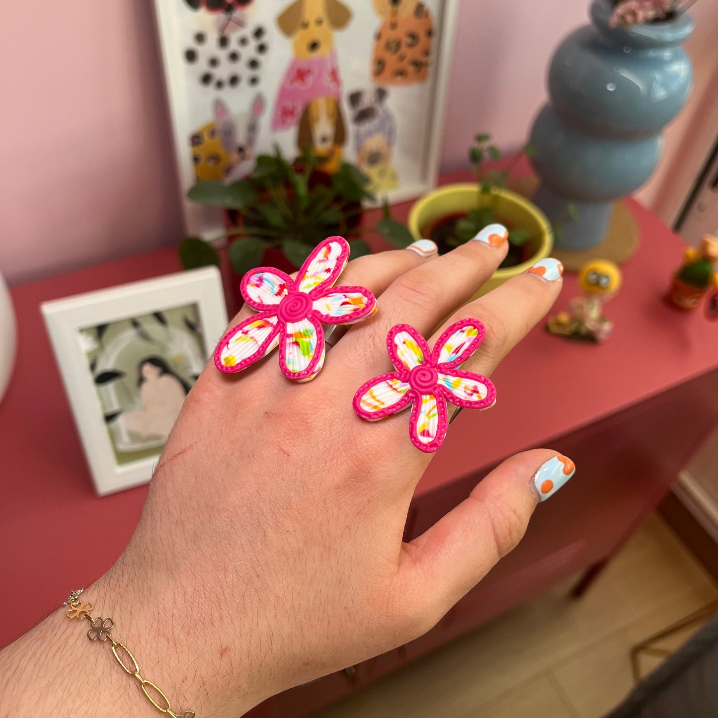 Anillo flor dúo multicolor + rosa