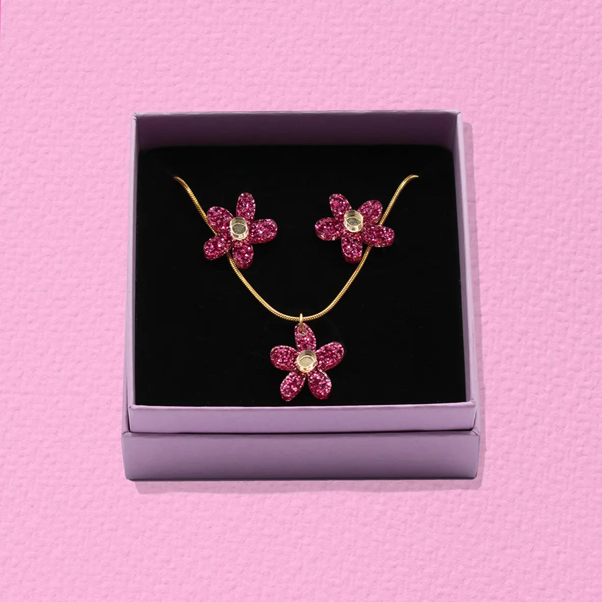 Pink glitter earrings + necklace set