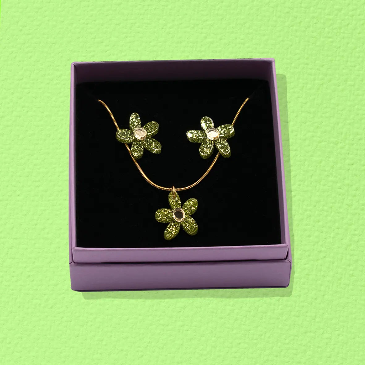 Green glitter earrings + necklace set
