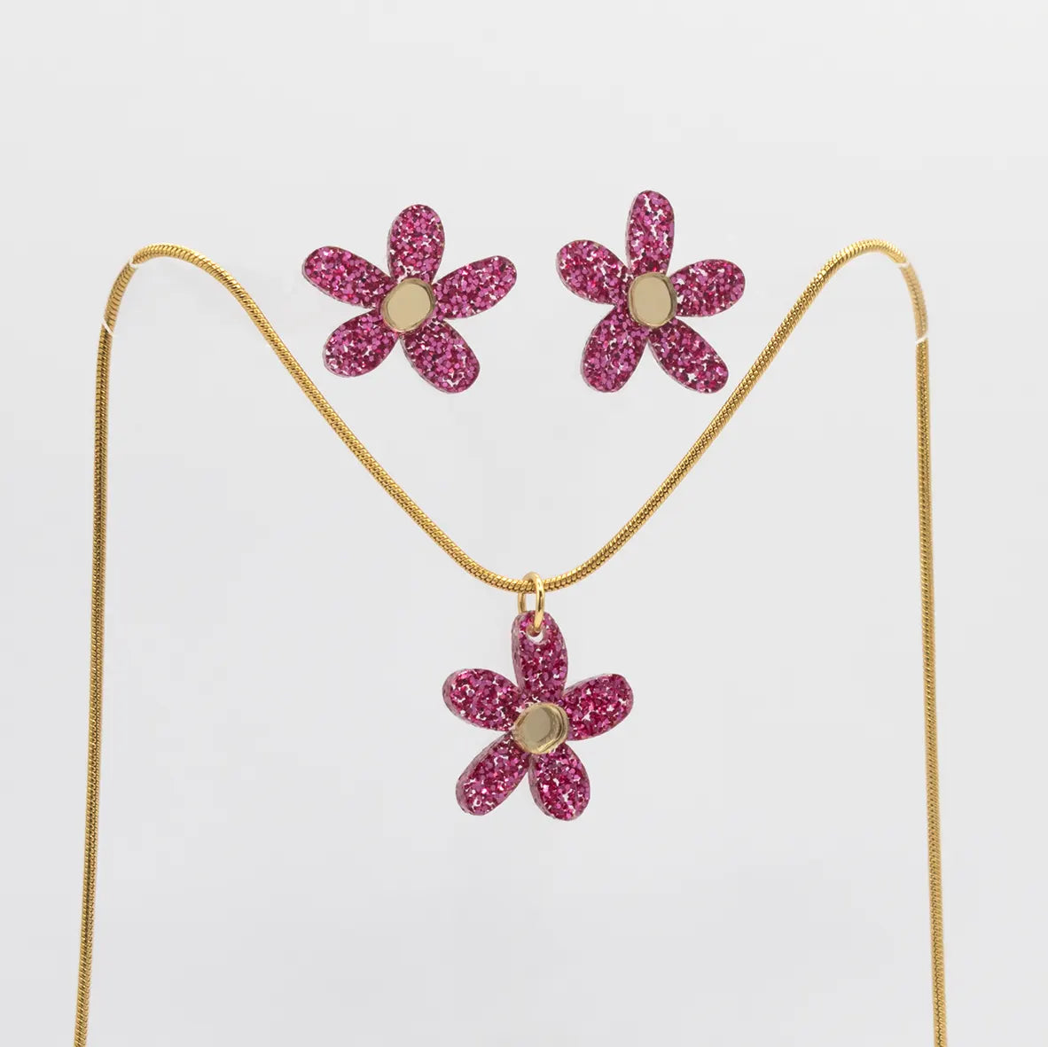 Pink glitter earrings + necklace set