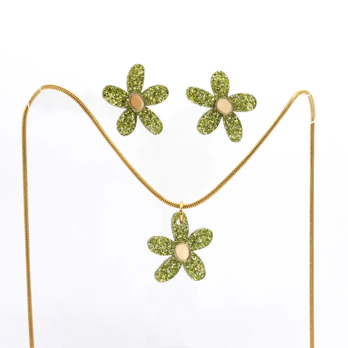 Green glitter earrings + necklace set
