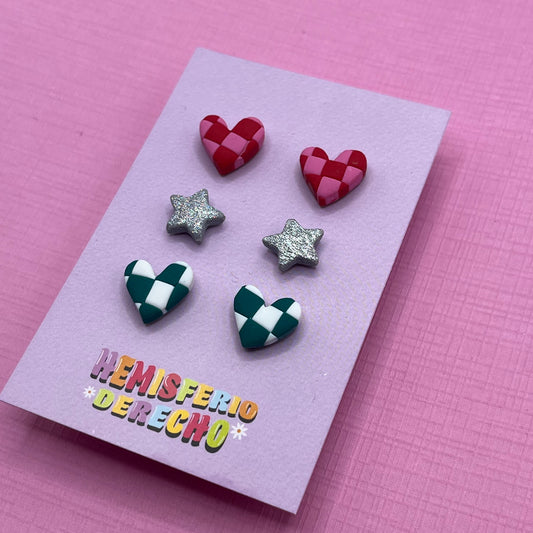 Pack Mini Pendientes damero corazon