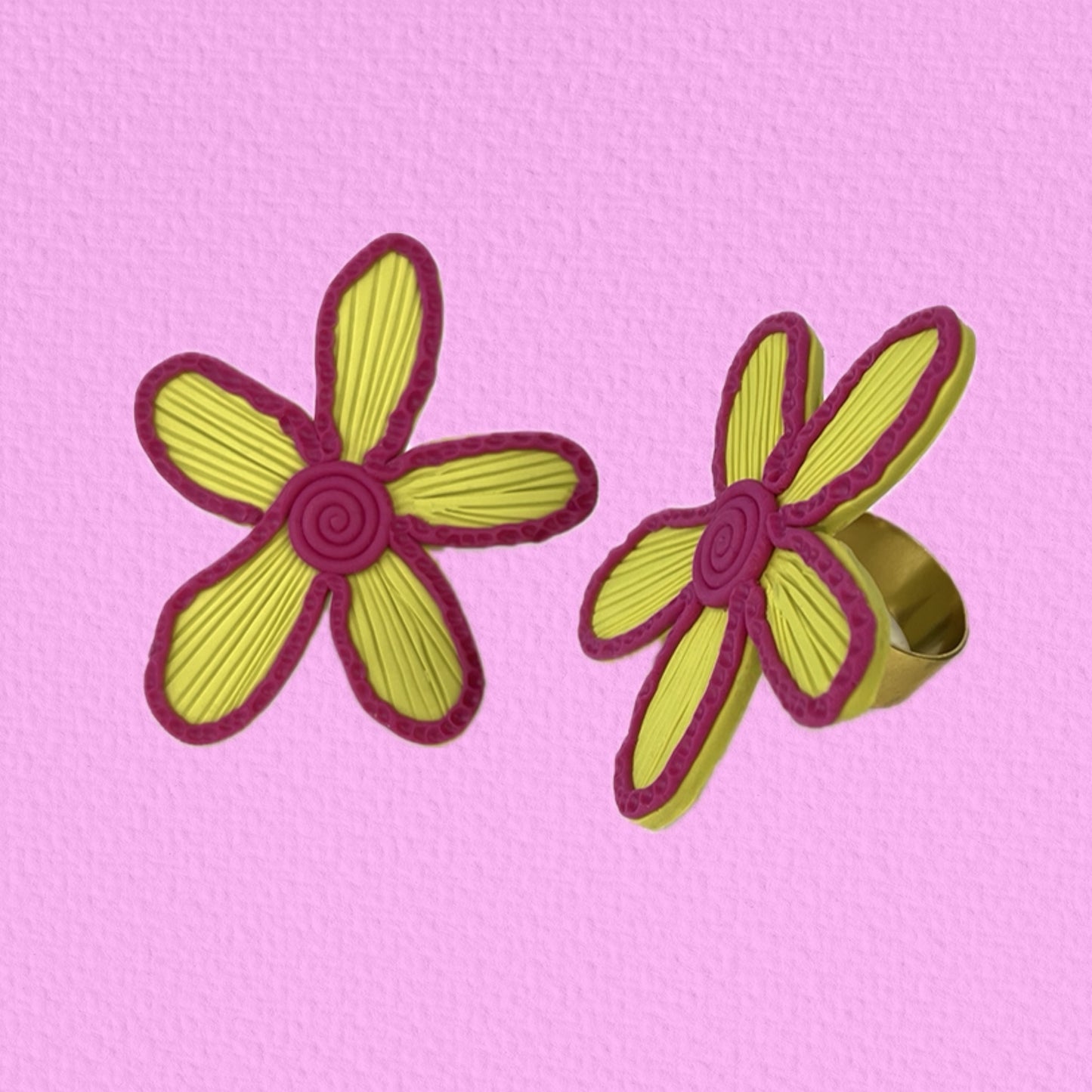 Duo flower ring lime green + pink